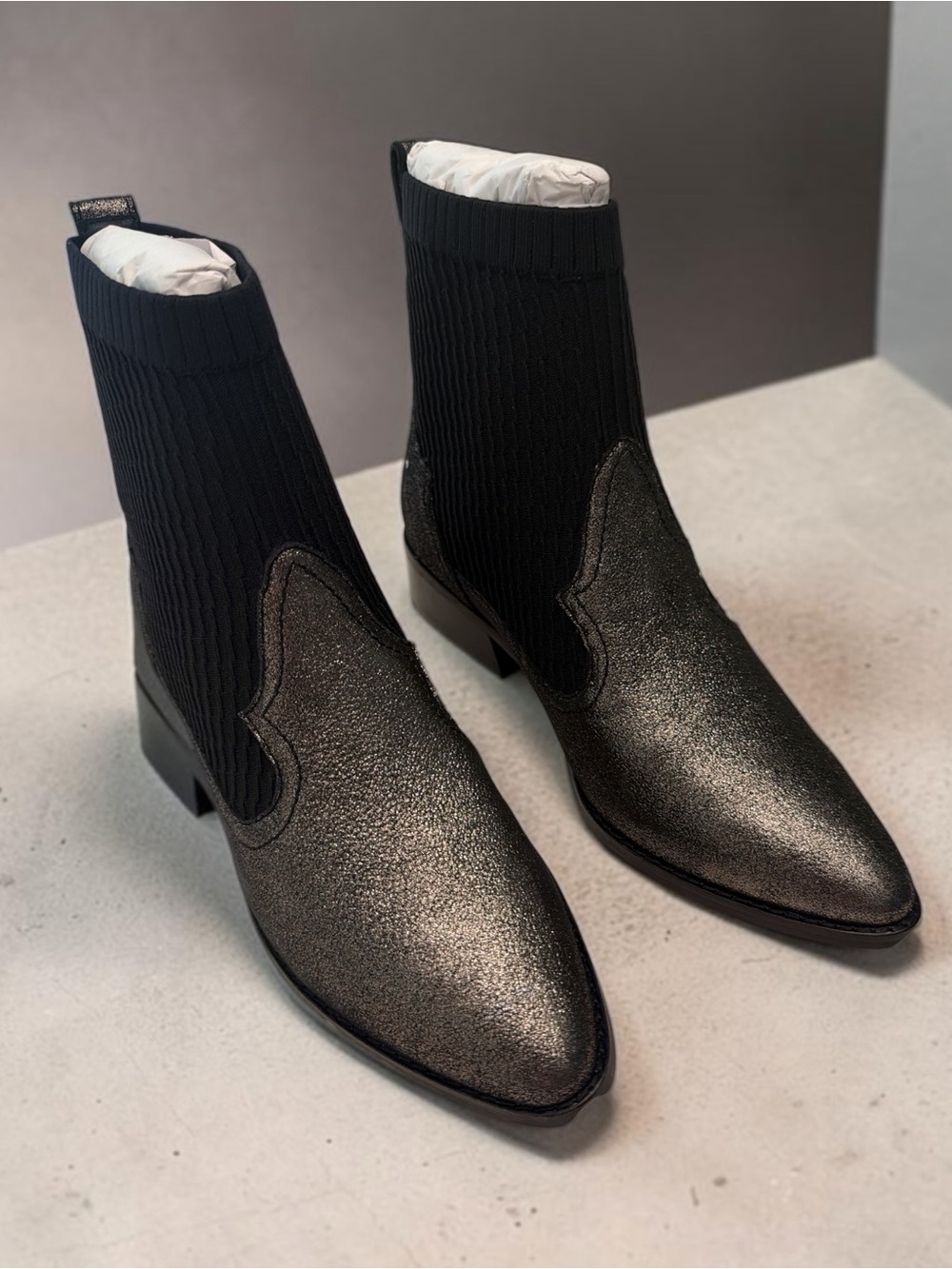 CECELIA NEW YORK Black Metallic Pointed Sock Ankle Boots